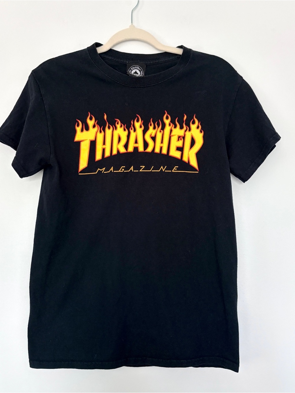 Thrasher Black Tee with Yellow-Orange Flame Logo